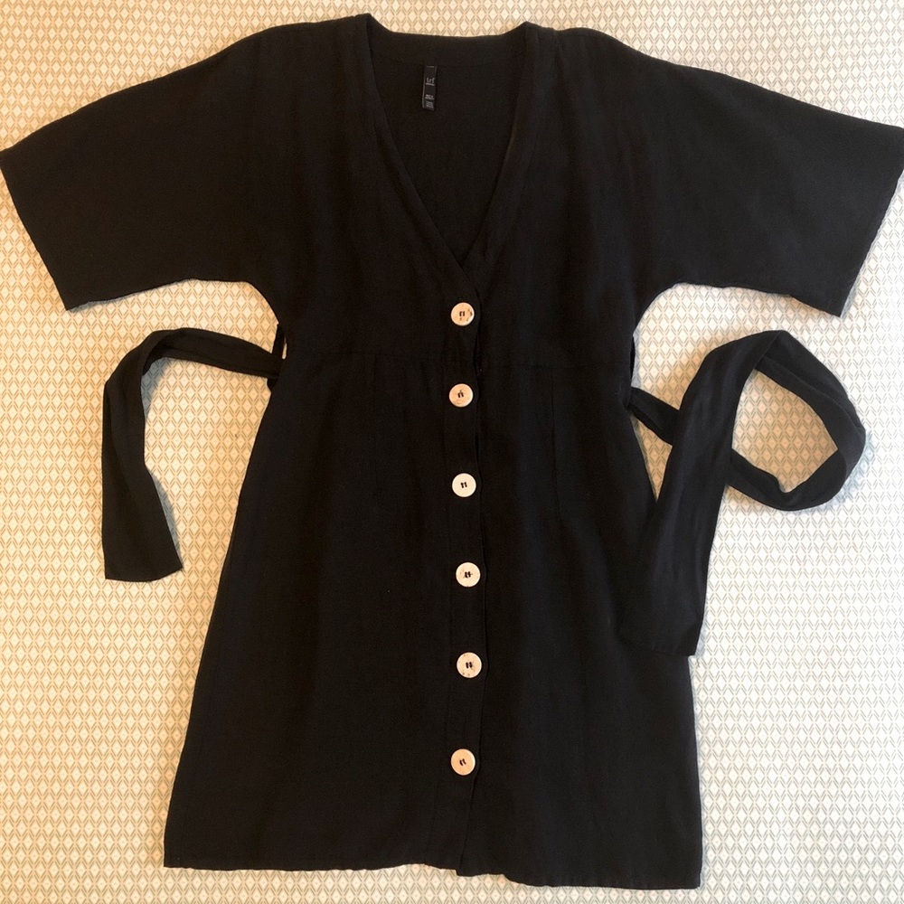 XS Black Linen Zara Dress Wrap Button Up